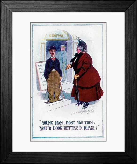 Framed Print : Comic postcard, Charlie Chaplin cardboard cutout figure outside cinema, with shortsighted woman. Date: 1914-1918 Framed Print : Comic postcard, Charlie Chaplin cardboard cutout figure outside cinema, with shortsighted woman. Date: 1914-1918