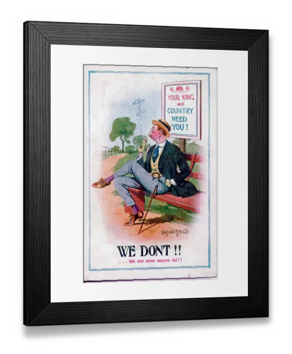 Framed Print : Comic postcard, man smoking on a bench - Your King and Country Need You! Date: 1914-1918 Framed Print : Comic postcard, man smoking on a bench - Your King and Country Need You! Date: 1914-1918