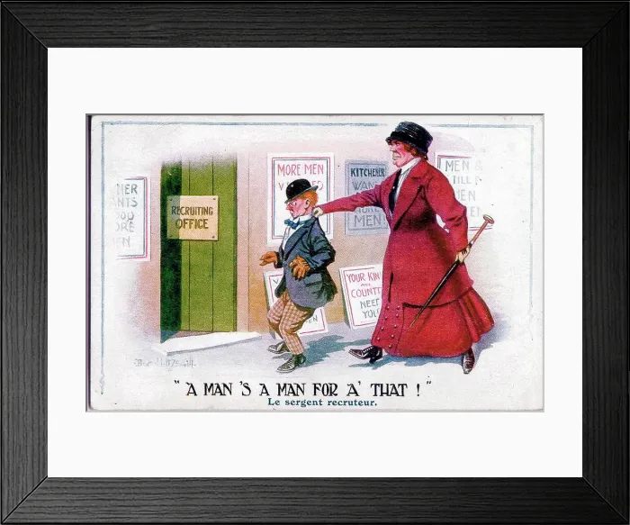Framed Print : Comic postcard, woman marches man to recruiting office. Date: 1914-1918 Framed Print : Comic postcard, woman marches man to recruiting office. Date: 1914-1918