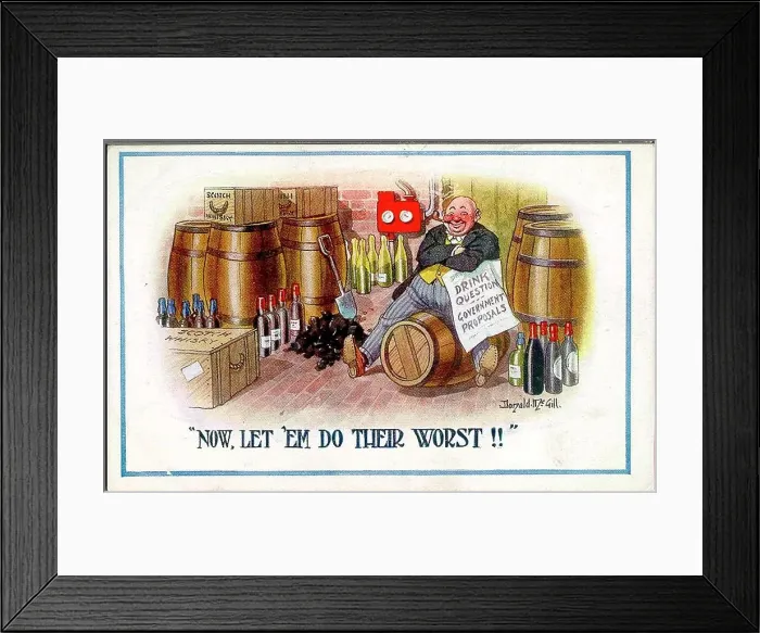 Framed Print : Comic postcard, wartime alcohol and fuel restrictions - ensuring a good supply! Date: circa 1916-1918 Framed Print : Comic postcard, wartime alcohol and fuel restrictions - ensuring a good supply! Date: circa 1916-1918