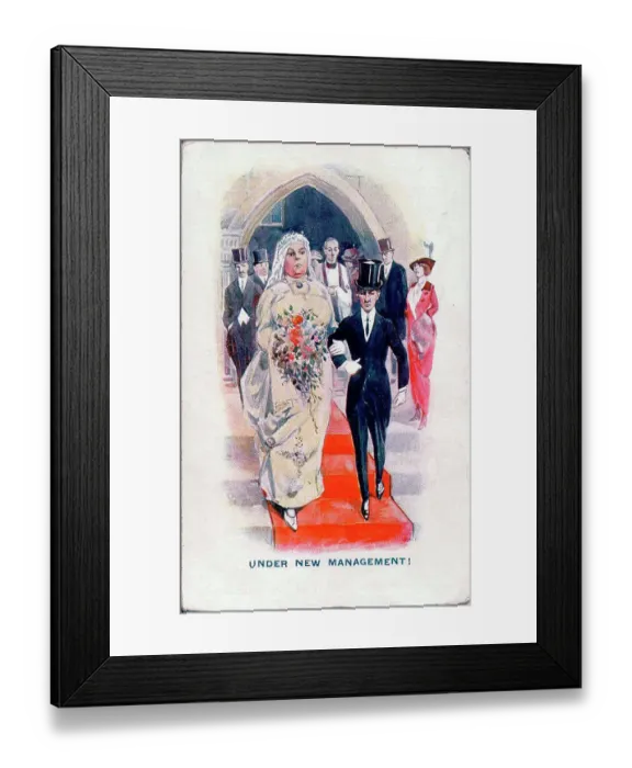 Framed Print : Comic postcard, Large bride and small groom leaving church - under new management! Date: early 20th century Framed Print : Comic postcard, Large bride and small groom leaving church - under new management! Date: early 20th century