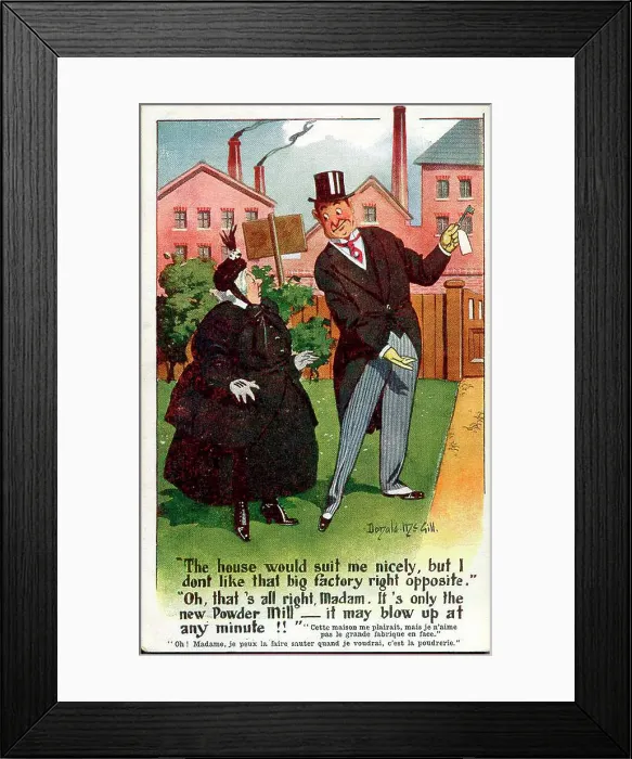 Framed Print : Comic postcard, estate agent and elderly woman Framed Print : Comic postcard, estate agent and elderly woman