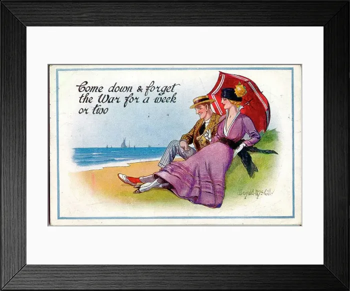 Framed Print : Comic postcard, Young couple at the seaside - forget the war for a week or two. Date: 1914-1918 Framed Print : Comic postcard, Young couple at the seaside - forget the war for a week or two. Date: 1914-1918
