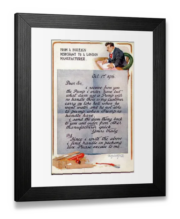 Framed Print : Comic postcard, letter of complaint from overseas customer - the missing handle which isn't missing. Date: 1916 Framed Print : Comic postcard, letter of complaint from overseas customer - the missing handle which isn't missing. Date: 1916