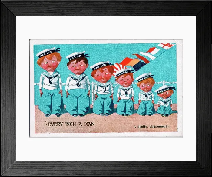 Framed Print : Comic postcard, Six sailors of HMS Lion - Every inch a man. Date: circa 1940s Framed Print : Comic postcard, Six sailors of HMS Lion - Every inch a man. Date: circa 1940s