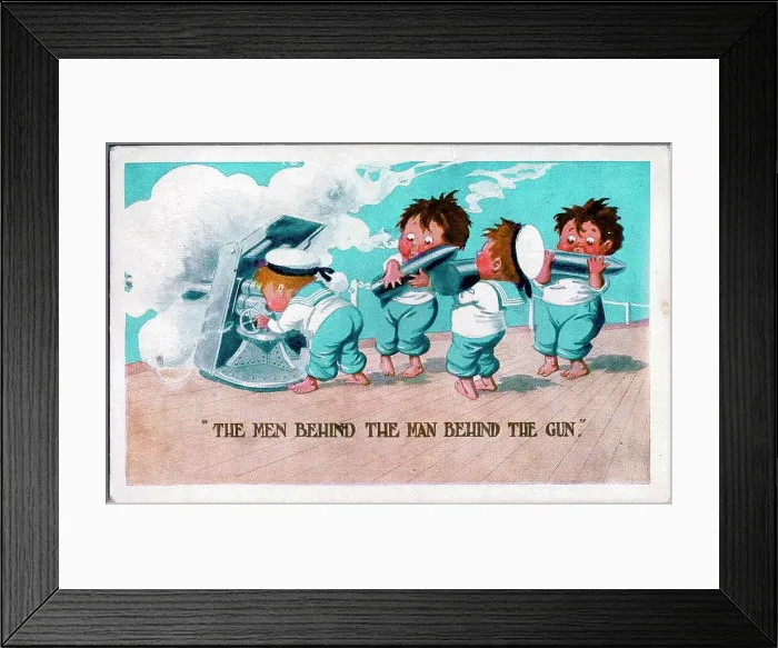 Framed Print : Comic postcard, Four sailors loading torpedoes - The men behind the man behind the gun. Date: circa 1940s Framed Print : Comic postcard, Four sailors loading torpedoes - The men behind the man behind the gun. Date: circa 1940s
