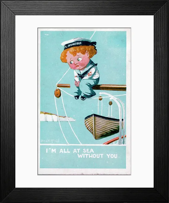 Framed Print : Comic postcard, Sailor of HMS Invincible missing his girl - I'm all at sea without you. Date: circa 1940s Framed Print : Comic postcard, Sailor of HMS Invincible missing his girl - I'm all at sea without you. Date: circa 1940s