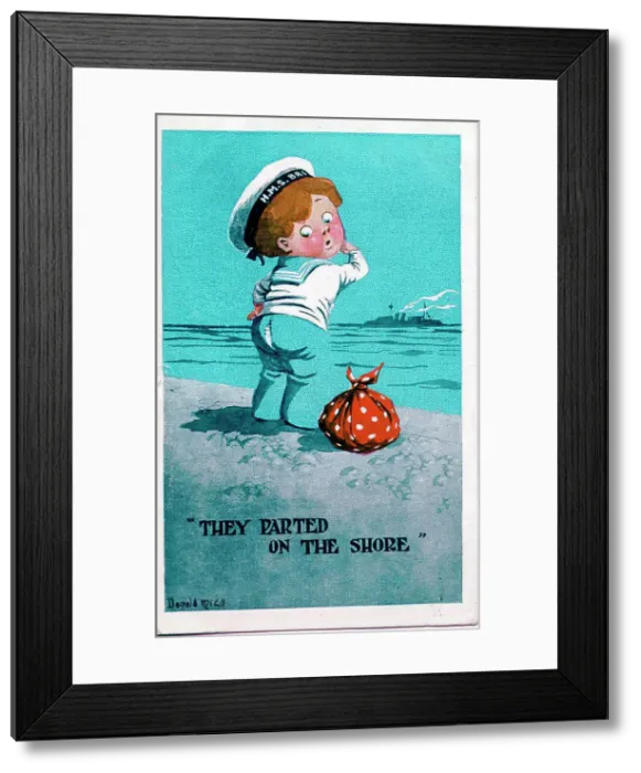 Framed Print : Comic postcard, Sailor with split trousers - They parted on the shore. Date: circa 1940s Framed Print : Comic postcard, Sailor with split trousers - They parted on the shore. Date: circa 1940s