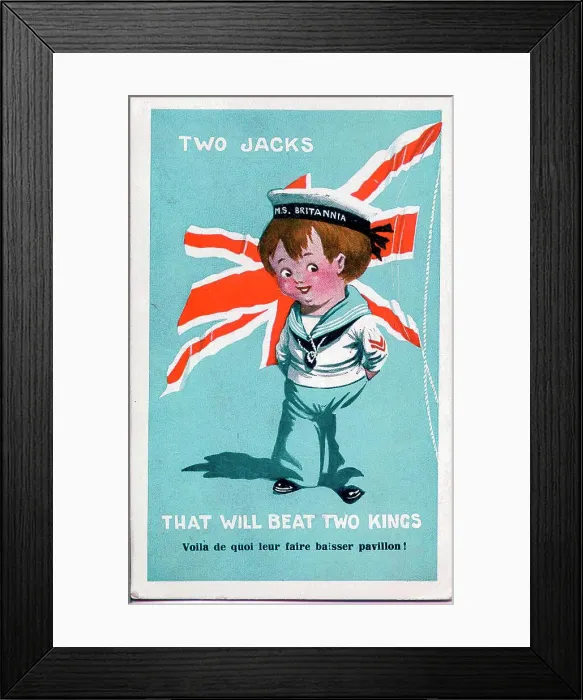 Framed Print : Comic postcard, Sailor of HMS Britannia with British flag - Two Jacks that will beat two kings. Date: circa 1940s Framed Print : Comic postcard, Sailor of HMS Britannia with British flag - Two Jacks that will beat two kings. Date: circa 1940s