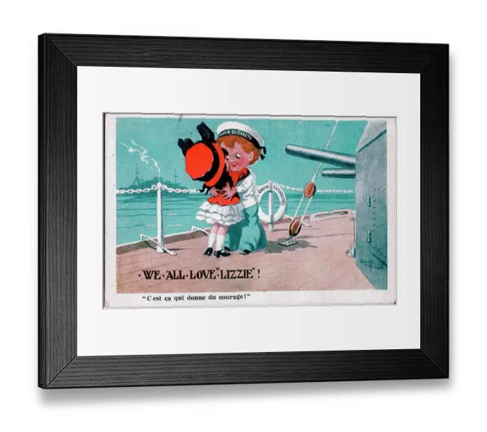 Framed Print : Comic postcard, Sailor of HMS Queen Elizabeth with his girl - We all love Lizzie! Date: circa 1940s Framed Print : Comic postcard, Sailor of HMS Queen Elizabeth with his girl - We all love Lizzie! Date: circa 1940s
