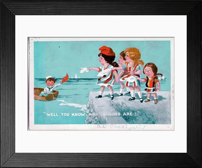 Framed Print : Comic postcard, Sailor waves to four girls of different nationalities - Well, you know what sailors are! Date: circa 1940s Framed Print : Comic postcard, Sailor waves to four girls of different nationalities - Well, you know what sailors are! Date: circa 1940s