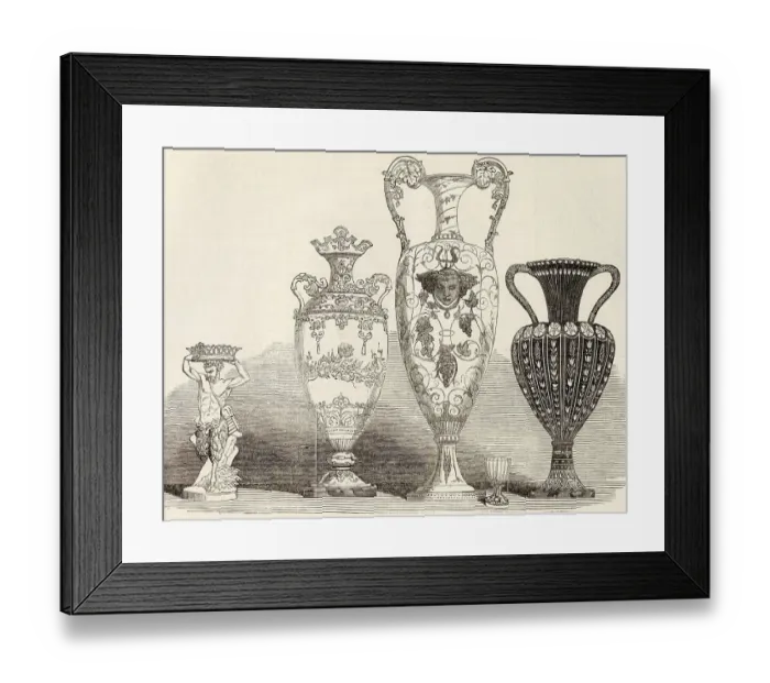 Framed Print : A collection of examples of Sevres porcelain on display in an exhibition of French manufacturing at 13 Hanover Square in London in December 1849. Date: 1849 Framed Print : A collection of examples of Sevres porcelain on display in an exhibition of French manufacturing at 13 Hanover Square in London in December 1849. Date: 1849