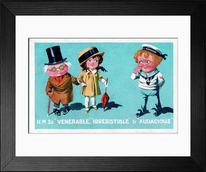 Framed Print : Comic postcard, Sailor with elderly man and girl - HMS Venerable, Irresistible and Audacious. Date: circa 1940s Framed Print : Comic postcard, Sailor with elderly man and girl - HMS Venerable, Irresistible and Audacious. Date: circa 1940s