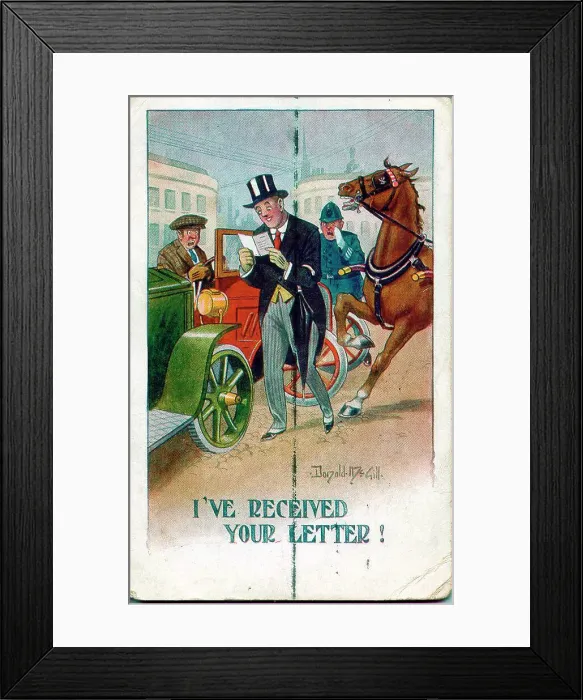 Framed Print : Comic postcard, Man reading letter crossing the road. Date: early 20th century Framed Print : Comic postcard, Man reading letter crossing the road. Date: early 20th century