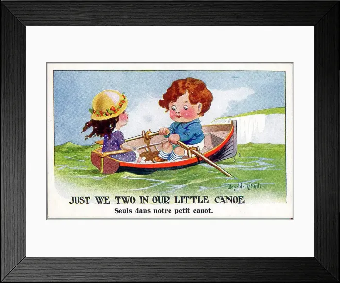 Framed Print : Comic postcard, Boy and girl in a rowing boat on the sea Date: 20th century Framed Print : Comic postcard, Boy and girl in a rowing boat on the sea Date: 20th century