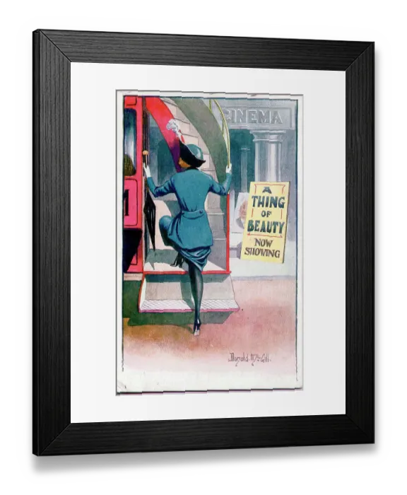 Framed Print : Comic postcard, Woman boarding a bus outside a cinema - A thing of beauty now showing. Date: early 20th century Framed Print : Comic postcard, Woman boarding a bus outside a cinema - A thing of beauty now showing. Date: early 20th century