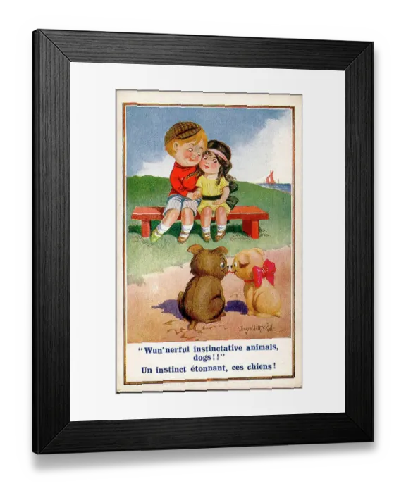 Framed Print : Comic postcard, Boy and girl sitting on a bench at the seaside, with two dogs Date: 20th century Framed Print : Comic postcard, Boy and girl sitting on a bench at the seaside, with two dogs Date: 20th century