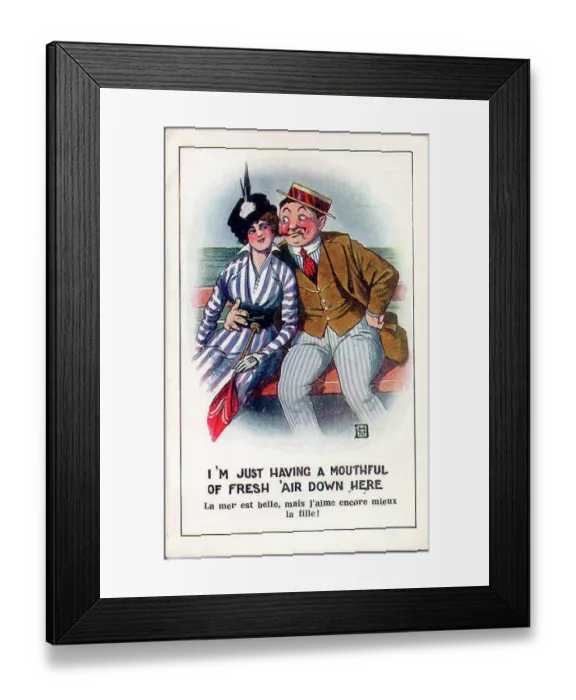 Framed Print : Comic postcard, Man and woman at the seaside Date: early 20th century Framed Print : Comic postcard, Man and woman at the seaside Date: early 20th century