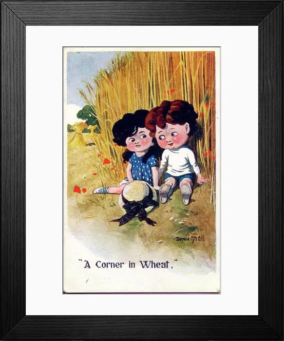 Framed Print : Comic postcard, Boy and girl sitting in a cornfield - A corner in wheat. Date: 20th century Framed Print : Comic postcard, Boy and girl sitting in a cornfield - A corner in wheat. Date: 20th century