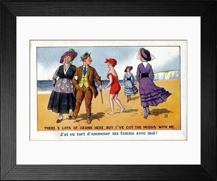 Framed Print : Comic postcard, Man and wife at the seaside, walking along the beach. Date: early 20th century Framed Print : Comic postcard, Man and wife at the seaside, walking along the beach. Date: early 20th century