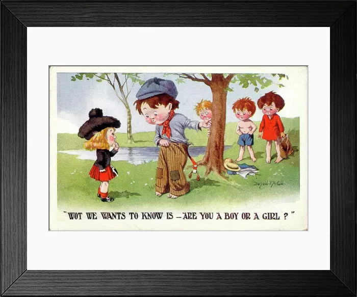 Framed Print : Comic postcard, Are you a boy or a girl? Date: 20th century Framed Print : Comic postcard, Are you a boy or a girl? Date: 20th century