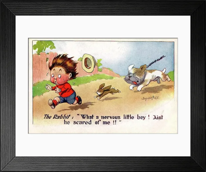 Framed Print : Comic postcard, Little boy running away, chased by rabbit and dog. Date: 20th century Framed Print : Comic postcard, Little boy running away, chased by rabbit and dog. Date: 20th century