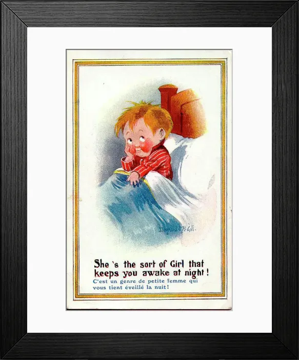 Framed Print : Comic postcard, Little boy unable to sleep for thinking about a girl. Date: 20th century Framed Print : Comic postcard, Little boy unable to sleep for thinking about a girl. Date: 20th century