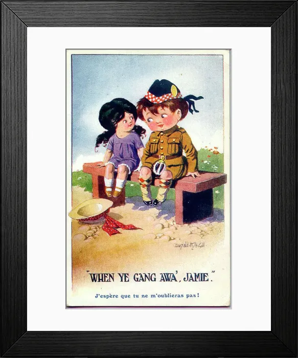 Framed Print : Comic postcard, Scottish soldier and girl, sitting on a bench. Date: 1914-1918 Framed Print : Comic postcard, Scottish soldier and girl, sitting on a bench. Date: 1914-1918
