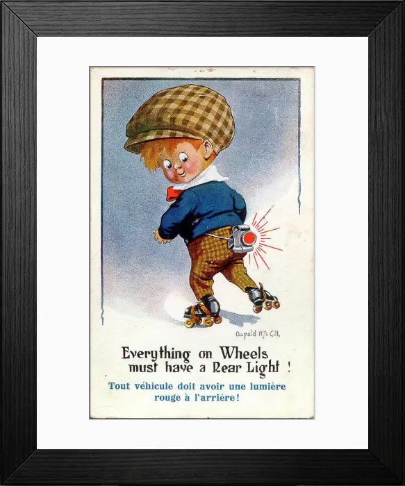 Framed Print : Comic postcard, Little boy on roller skates with rear light. Date: 20th century Framed Print : Comic postcard, Little boy on roller skates with rear light. Date: 20th century