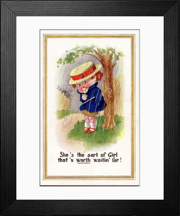 Framed Print : Comic postcard, Little boy waiting for girl in the rain. Date: 20th century Framed Print : Comic postcard, Little boy waiting for girl in the rain. Date: 20th century