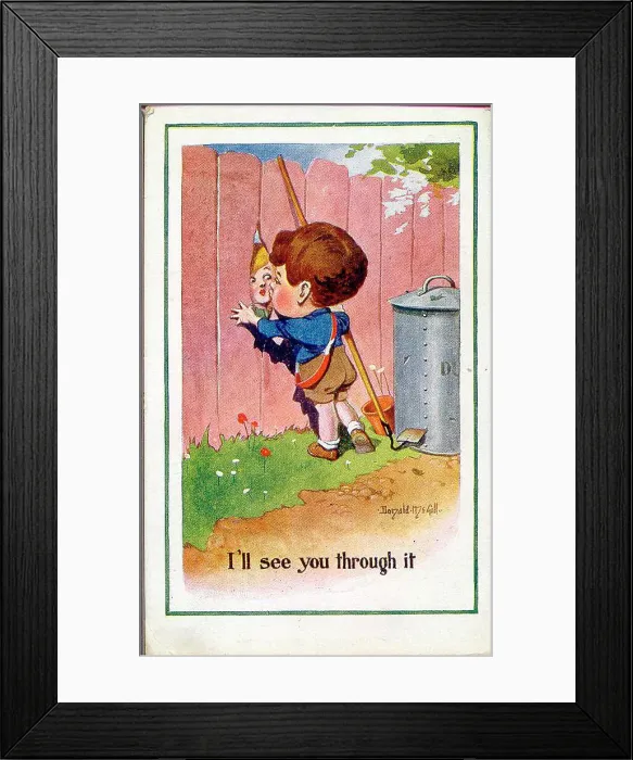 Framed Print : Comic postcard, Little boy and girl kissing through a hole in a fence. Date: 20th century Framed Print : Comic postcard, Little boy and girl kissing through a hole in a fence. Date: 20th century