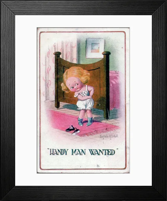 Framed Print : Comic postcard, Little girl wants a handy man. Date: 20th century Framed Print : Comic postcard, Little girl wants a handy man. Date: 20th century