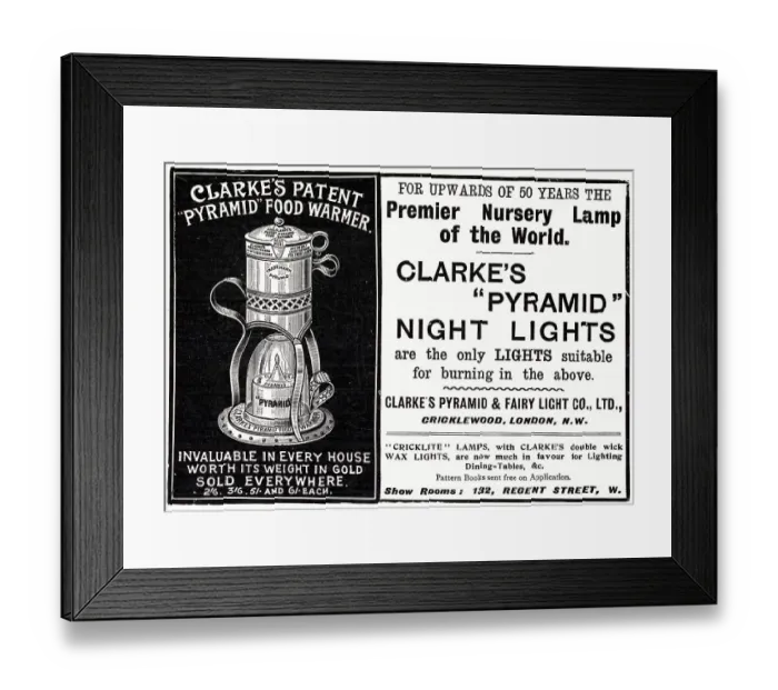 Framed Print : Advert for Clarke's Pyramid Food Warmer 1904 Framed Print : Advert for Clarke's Pyramid Food Warmer 1904