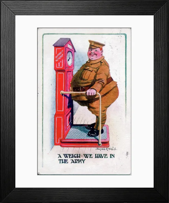 Framed Print : Comic postcard, Soldier in the British Army, weighing himself. Date: 1914-1918 Framed Print : Comic postcard, Soldier in the British Army, weighing himself. Date: 1914-1918
