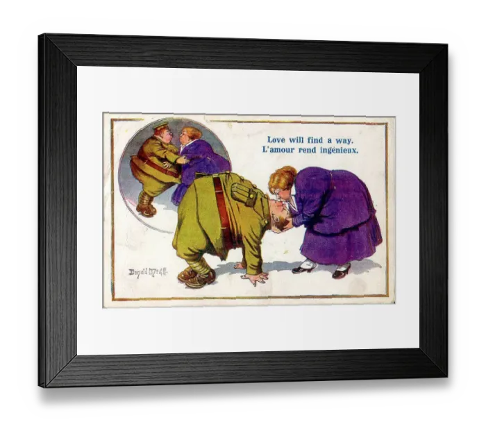 Framed Print : Comic postcard, Overweight soldier and woman, trying to kiss. Date: 1914-1918 Framed Print : Comic postcard, Overweight soldier and woman, trying to kiss. Date: 1914-1918