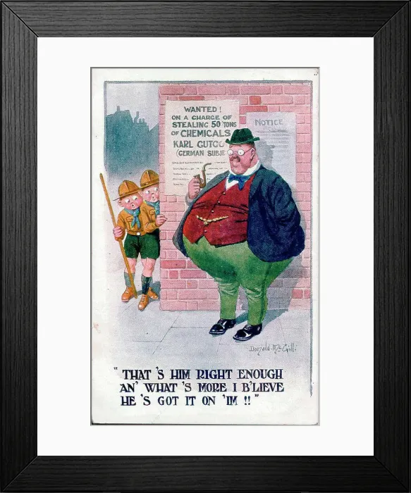 Framed Print : Comic postcard, Overweight man and two scouts. Date: 1914-1918 Framed Print : Comic postcard, Overweight man and two scouts. Date: 1914-1918