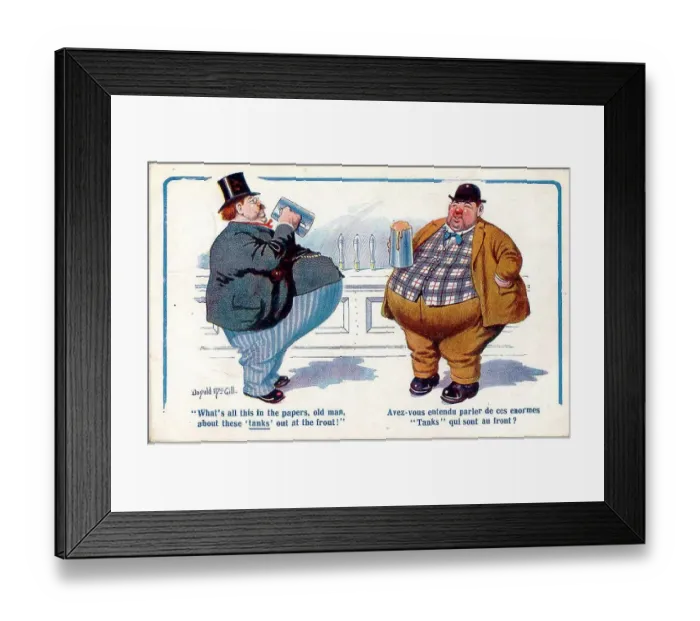 Framed Print : Comic postcard, Overweight men in a pub, WW1 Framed Print : Comic postcard, Overweight men in a pub, WW1