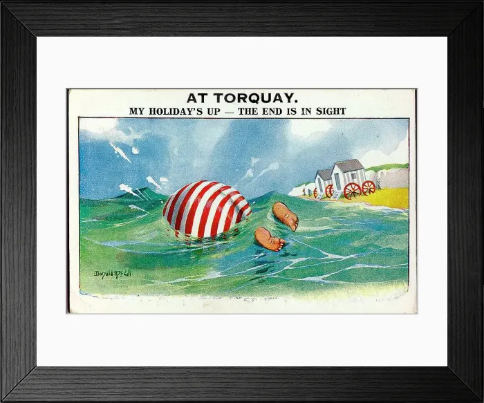 Framed Print : Comic postcard, Plump holidaymaker in the sea at Torquay. Date: 20th century