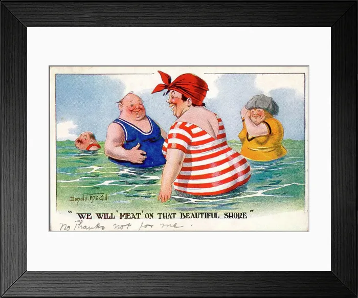 Framed Print : Comic postcard, Plump holidaymakers in the sea. Date: 20th century Framed Print : Comic postcard, Plump holidaymakers in the sea. Date: 20th century