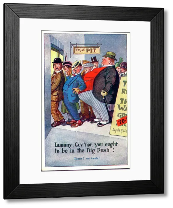 Framed Print : Comic postcard, Overweight man in cinema queue. Date: 1914-1918 Framed Print : Comic postcard, Overweight man in cinema queue. Date: 1914-1918