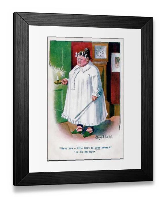 Framed Print : Comic postcard, Plump woman waiting for husband to return home. Date: early 20th century Framed Print : Comic postcard, Plump woman waiting for husband to return home. Date: early 20th century