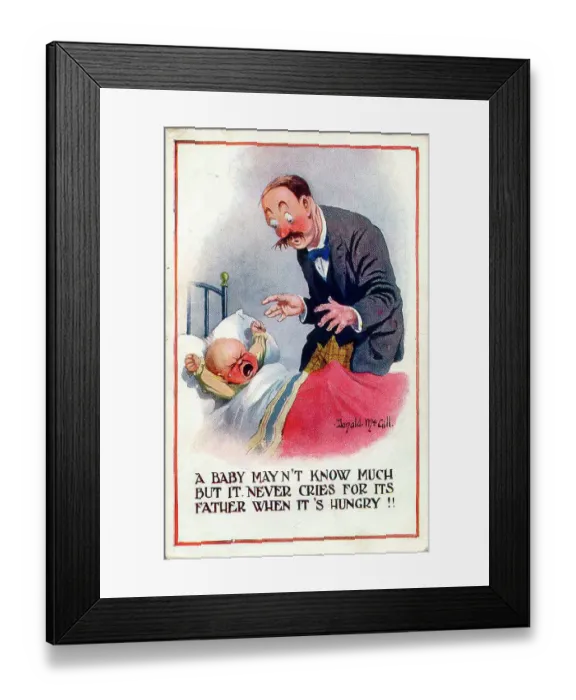 Framed Print : Comic postcard, Father with crying baby. Date: 20th century Framed Print : Comic postcard, Father with crying baby. Date: 20th century