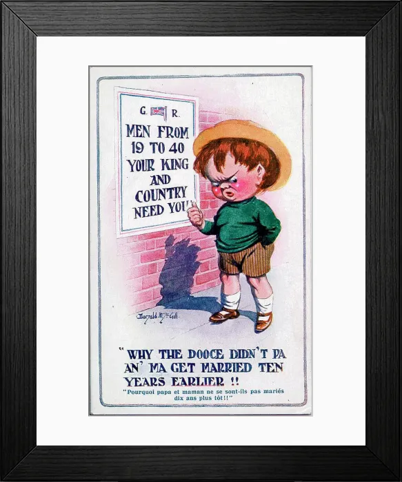 Framed Print : Comic postcard, Little boy and recruitment poster. Date: 1914-1918 Framed Print : Comic postcard, Little boy and recruitment poster. Date: 1914-1918
