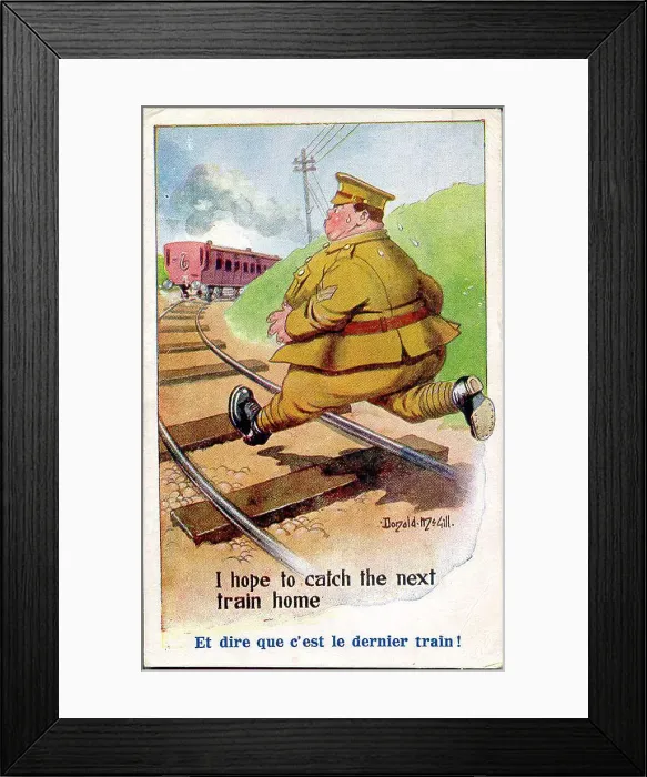 Framed Print : Comic postcard, Overweight soldier chasing a train. Date: 1914-1918 Framed Print : Comic postcard, Overweight soldier chasing a train. Date: 1914-1918