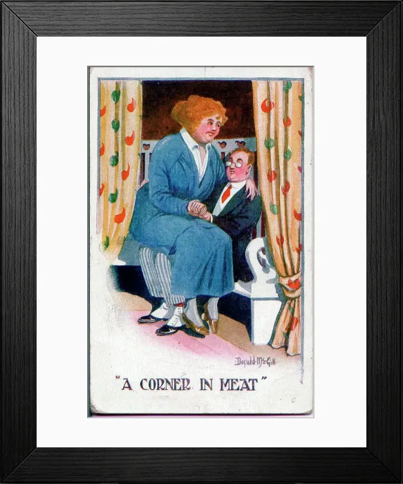 Framed Print : Comic postcard, Courting middle aged couple. Date: 20th century Framed Print : Comic postcard, Courting middle aged couple. Date: 20th century