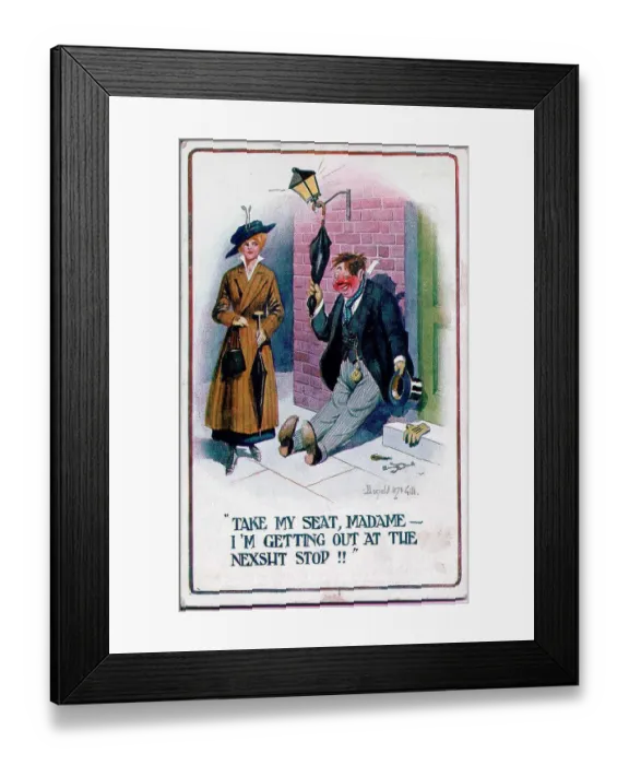Framed Print : Comic postcard, Drunk man speaks to woman in street. Date: 20th century Framed Print : Comic postcard, Drunk man speaks to woman in street. Date: 20th century