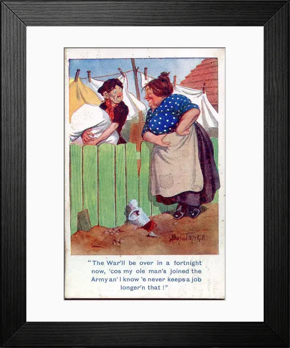 Framed Print : Comic postcard, Neighbours chat over garden fence. Date: 1914-1918 Framed Print : Comic postcard, Neighbours chat over garden fence. Date: 1914-1918