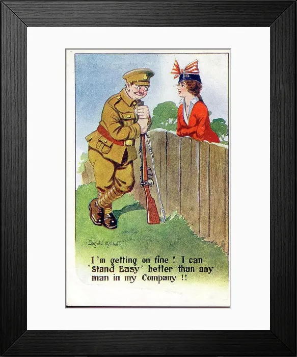 Framed Print : Comic postcard, Soldier chats with pretty woman over the garden fence. Date: 1914-1918