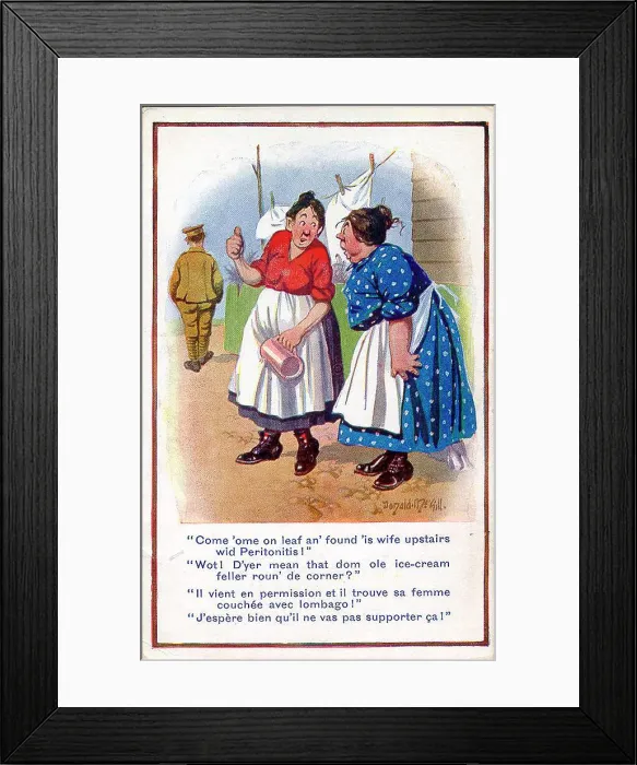 Framed Print : Comic postcard, Neighbours gossip about soldier. Date: 1914-1918 Framed Print : Comic postcard, Neighbours gossip about soldier. Date: 1914-1918