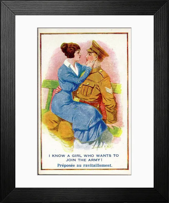 Framed Print : Comic postcard, Courting couple, woman and soldier. Date: 1914-1918 Framed Print : Comic postcard, Courting couple, woman and soldier. Date: 1914-1918